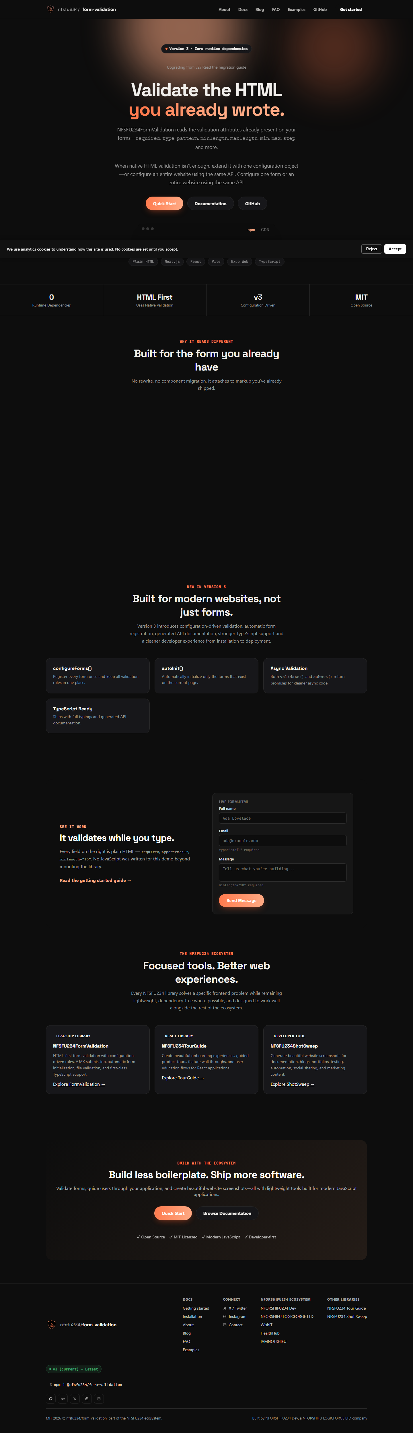 FormValidation site captured with dark color-scheme preference